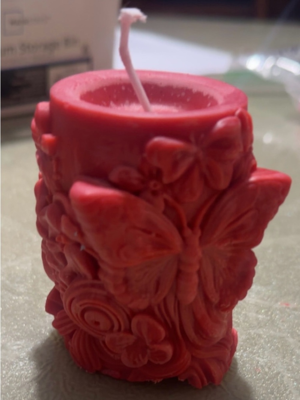 Decorative Red Butterfly Floral Pillar Candle - Home Accents